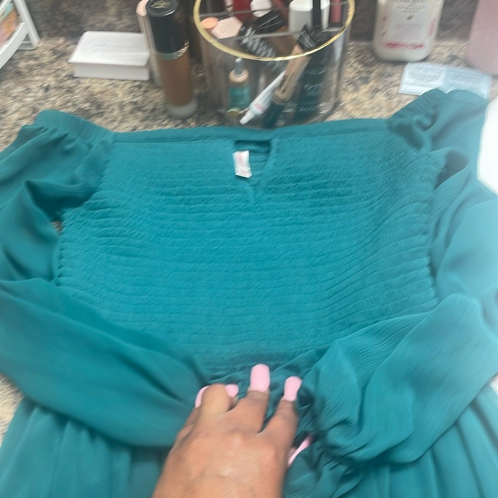 Off the shoulder a-line tulle dress.